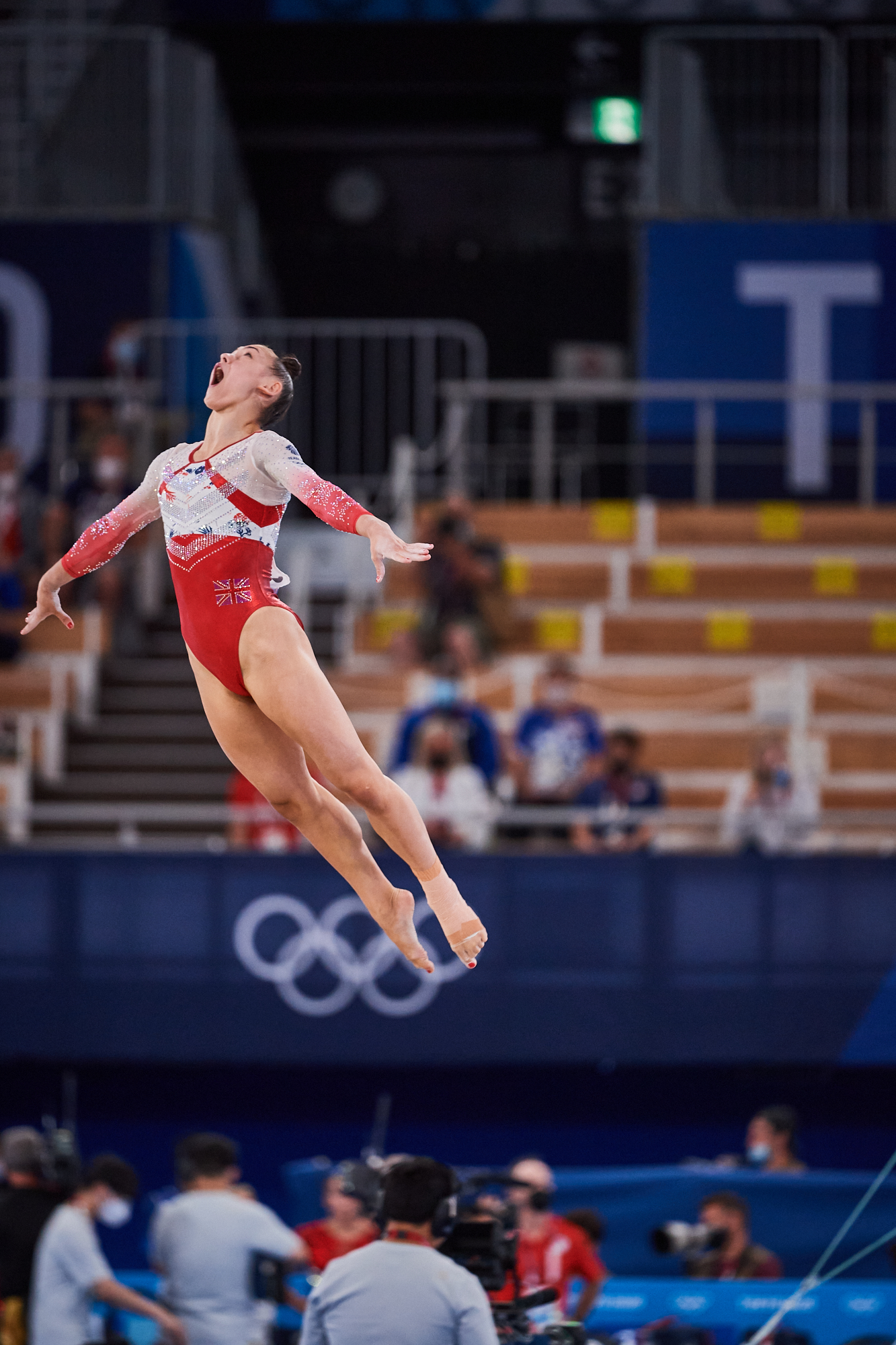 Photograph of Great Britain's Jennifer Gadirova, competing on the floor in Rotation 2 during the race for 3rd place at women's gymnastics finals during the 2020 Tokyo Olympics at Ariake Gymnastics Center in Tokyo, Japan.
