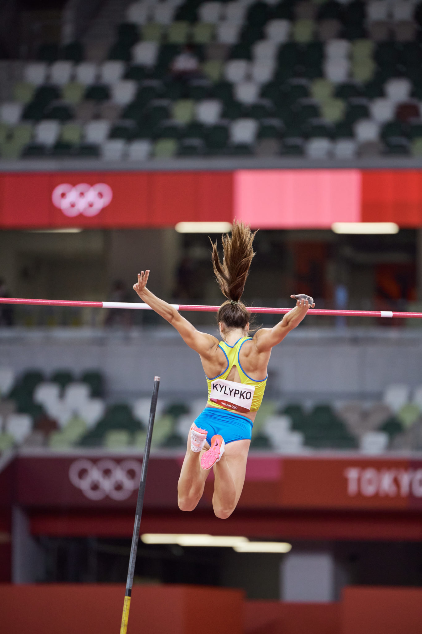 Phot of Ukraine's Maryna Kylypko in the women's pole vault qualifications during the Tokyo 2020 Olympics at the Olympic Stadium in Tokyo, Japan.