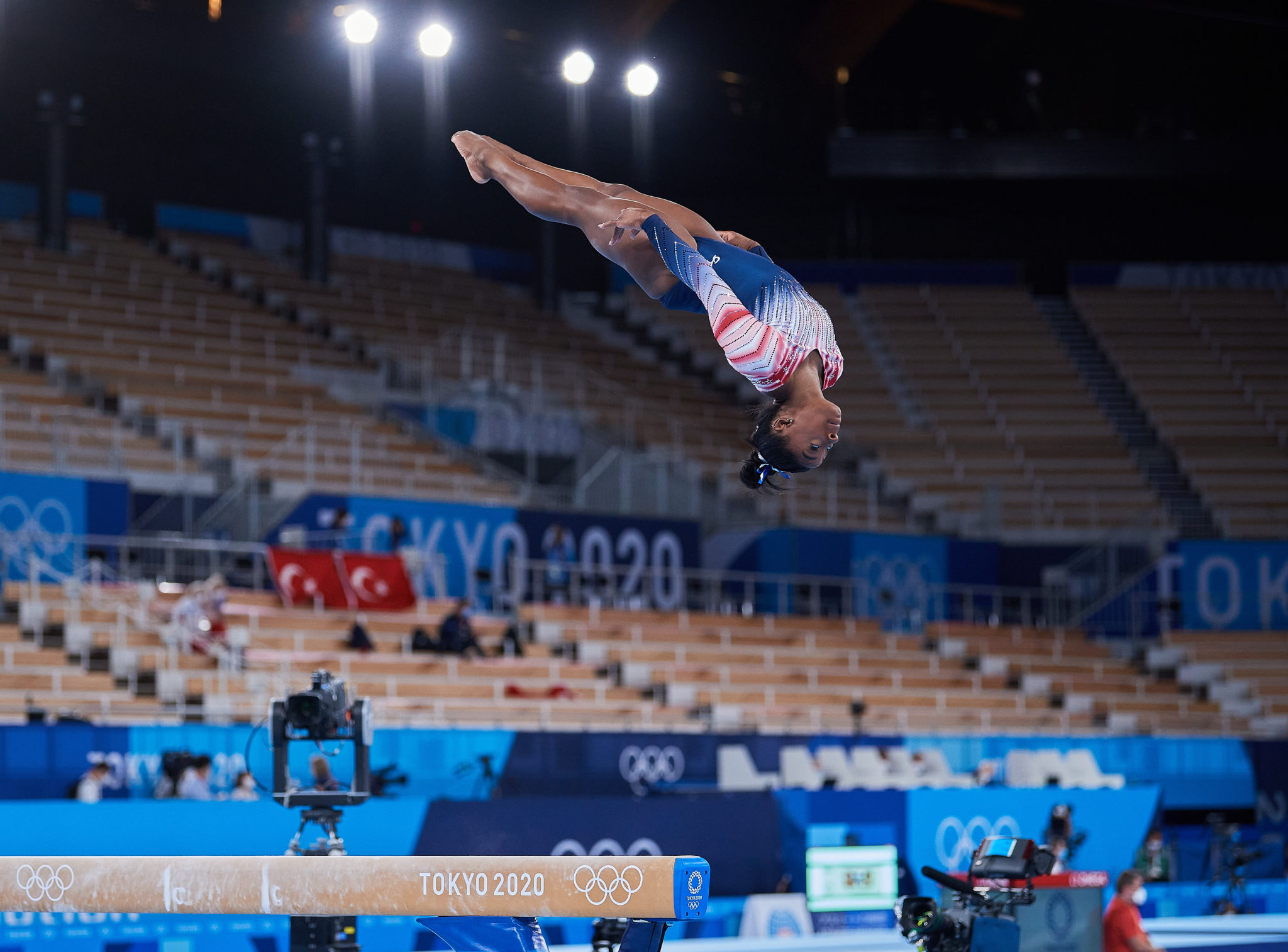 Photo: Team USA's Simone Biles during warm up prior to competition during the women's gymnastics balance beam final during the Tokyo 2020 Summer Olympic Games at Ariake Gymnastics Centre in Tokyo, Japan.
