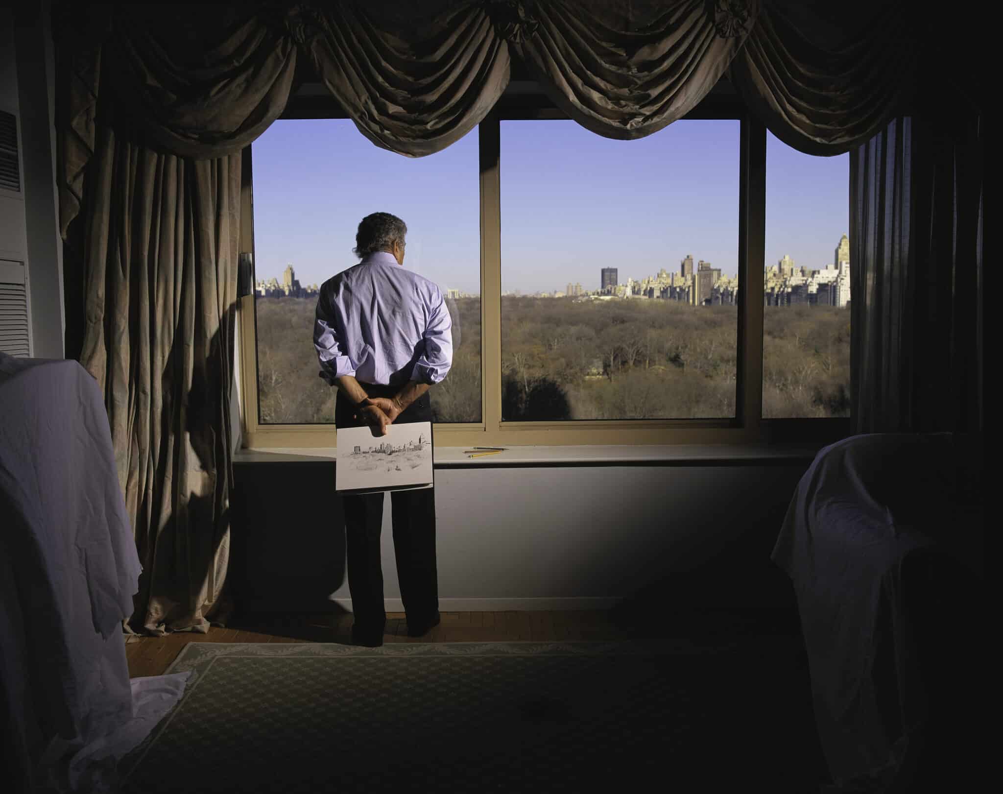 Tony Bennett looking out his apartment window overlooking Central Park in NYC